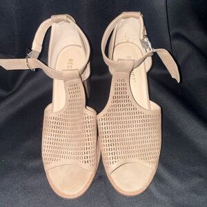 Restricted Perforated T-Strap Sandals in Beige